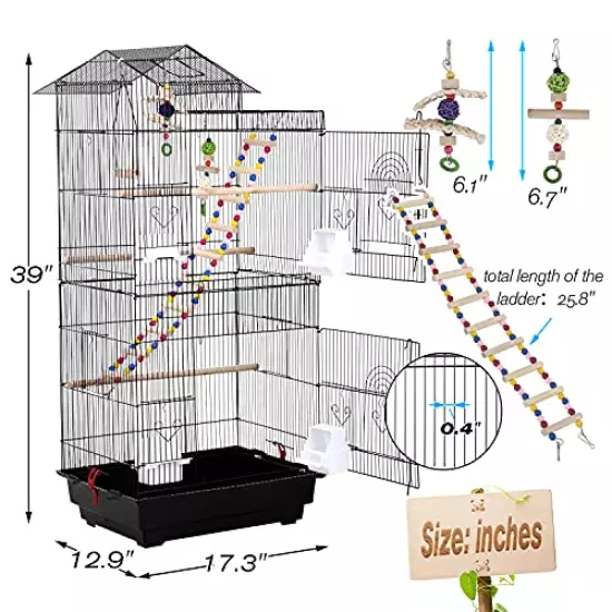 Bird Cage, Parrot Cage 39 inch Parakeet Cage Accessories with Bird Stand Medium Roof Top Large Flight cage for Small Cockatiel Canary Parakeet Conure Finches Budgie Lovebirds Pet Toy