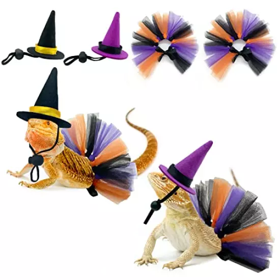 Vehomy 4Pcs Halloween Bearded Dragon Witch Costume Bearded Dragon Witch Hats Tutu Skirts Lizard Witch Outfit Small Pet Halloween Witch Costume for Chick Hamster Bird Parrot Bearded Dragon