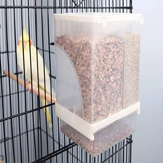 PINVNBY No-Mess Bird Feeder Parrot Automatic Feeder Seed Food Container Perch Cage Accessories for Budgerigar Canary Cockatiel Finch Parakeet Green Cheek Conures Parrotlets Lovebirds