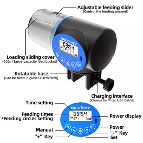 Noodoky Automatic Fish Feeder, Rechargeable Auto Fish Food Feeder Timer Dispenser for Aquarium or Small Fish Turtle Tank, Auto Feeding on Vacation or Holidays - USB Charger Cable Included