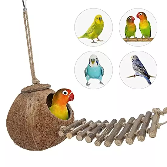 Niteangel 100% Natural Coconut Hideaway with Ladder, Bird and Small Animal Toy