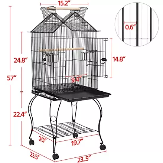 Yaheetech 57-Inch Rolling Open Top Roof Bird Cage for Mid-Sized Parrots Cockatiels Caique Quaker Monk Indian Ring Neck Green Cheek Conure Middle Bird Cage with Detachable Stand