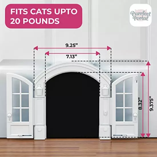 Purrfect Portal French Cat Door - Stylish No-Flap Cat Door Interior Door for Average-Sized Cats Up to 20 lbs, Easy DIY Setup, Secured Installation in Minutes, No Training Needed, 7.13 x 8.32”