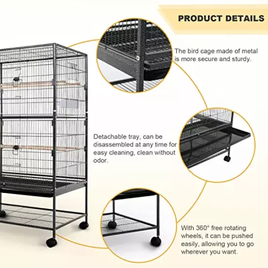 Bird Cage Large Bird Cage 53 Inch Wrought Iron Birdcages Flight King Bird Cage for Parakeets Cockatiels Parrot Green Cheek Conures Pigeons Lovebird with Rolling Stand,Removable Tray