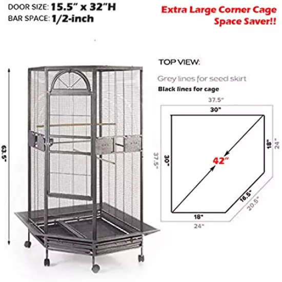 64" Extra Large Corner Bird Flight Breeding Wrought Iron Rolling Parrot Cage with Around Seed Guard