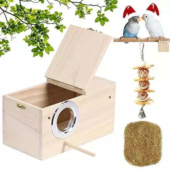 PETWAKEY-ST Birds Breeding Box,Wooden Parakeet Nesting Box Cage House with Coconut Fiber Bird Toy for Cockatiel Lovebirds Budgie Finch Canary (7.8”x4.8”x4.8”)