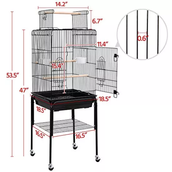 Yaheetech Open Top Rolling Parrot Bird Cage for Cockatiel Sun Parakeet Green Cheek Conure Mid-Sized Parrot Cage with Detachable Stand