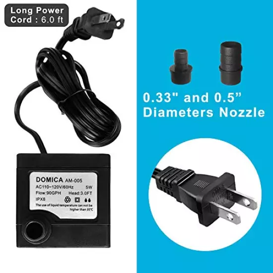 90 GPH Mini Submersible Pump, Small Fountain Pump (5W 350L/H) for water feature, Aquariums, Fish Tank, Tabletop Fountain, Pet Fountain, Indoor or Outdoor Pond Fountain