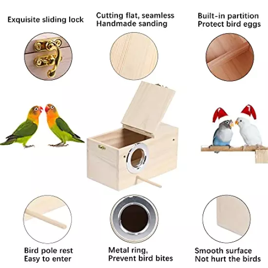 PETWAKEY-ST Birds Breeding Box,Wooden Parakeet Nesting Box Cage House with Coconut Fiber Bird Toy for Cockatiel Lovebirds Budgie Finch Canary (7.8”x4.8”x4.8”)