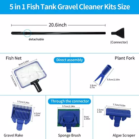 Fish Tank Cleaning Tools, Aquarium Cleaning Kit, Betta Fish Tank Accessories, Aquarium Gravel Cleaner, Algae Scrapers 5 in 1 Kit for Water Change and Sand Cleaner, Long Siphon Nozzle with Valve