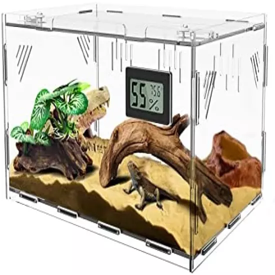 Oiakz Reptile Terrariums, With Temperature Hygrometer, Acrylic Reptile Breeding Box Terrarium Cage Tank For Small Reptile Insect Home Office