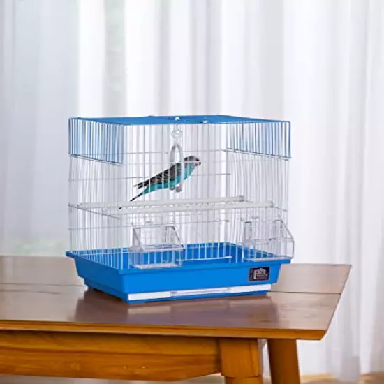 Prevue Pet Products Flat Top Economy Parakeet and Small Bird Cage with White Wire, Blue Plastic Base with Removable Tray