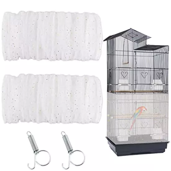 2Pcs Bird Cage Seed Catcher Birdcage Nylon Mesh Cover Twinkle Star Universal Birdcage Cover for Parakeet Round Square Cage with Spring Hook