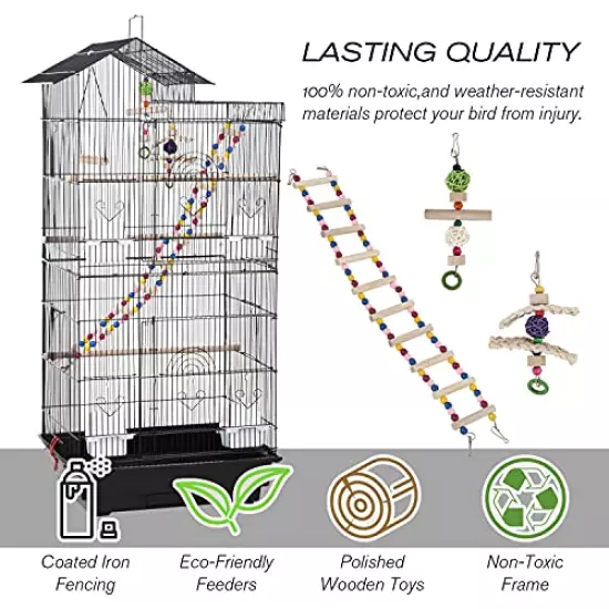 Bird Cage, Parrot Cage 39 inch Parakeet Cage Accessories with Bird Stand Medium Roof Top Large Flight cage for Small Cockatiel Canary Parakeet Conure Finches Budgie Lovebirds Pet Toy