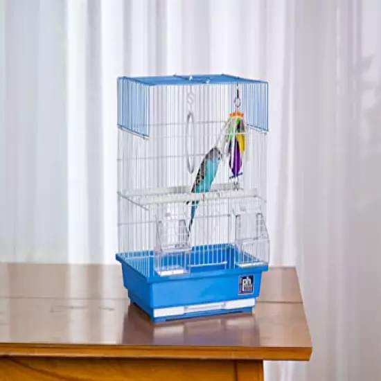 Prevue Pet Products Flat Top Economy Parakeet and Small Bird Cage with White Wire, Blue Plastic Base with Removable Tray