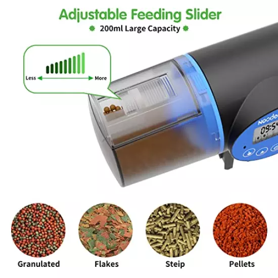 Noodoky Automatic Fish Feeder, Rechargeable Auto Fish Food Feeder Timer Dispenser for Aquarium or Small Fish Turtle Tank, Auto Feeding on Vacation or Holidays - USB Charger Cable Included