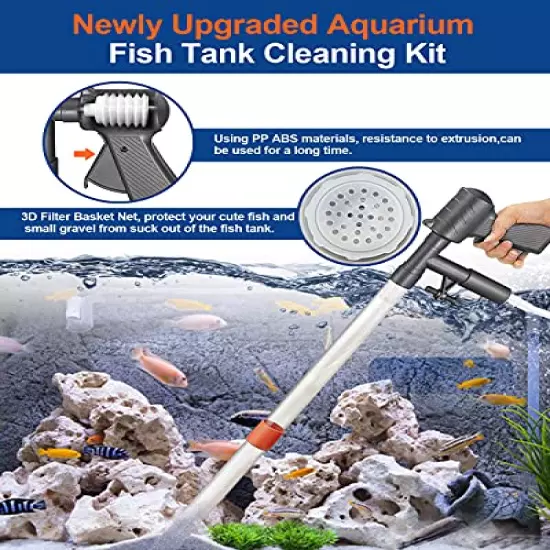 QZQ Aquarium Gravel Cleaner [2022 Edition] Vacuum Fish Tank Vacuum Cleaner Tools for Aquarium Water Changer with Aquarium Thermometers Fish Net kit Use for Fish Tank Cleaning Gravel and Sand