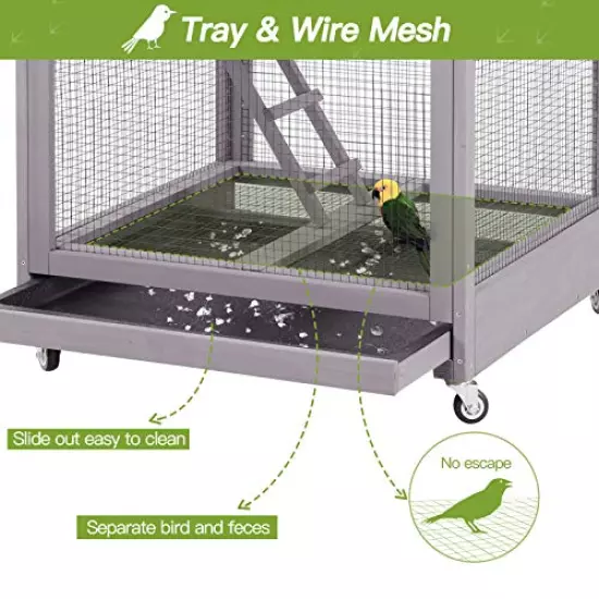 GUTINNEEN Outdoor Bird Aviary Wooden Large Bird Cage on Wheels, Featuring Play Stand, Perches, Nest Habitat, Include Wire Mesh Above Bottom Tray Easy to Clean