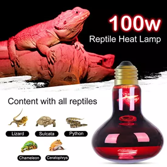 DGE Reptile Heat Lamp Bulb, 100 Watt Infrared Basking Spot Lamp Of Bearded Dragon, Red Heat Lamp Bulbs For Reptiles And Amphibian Use, 2Packs