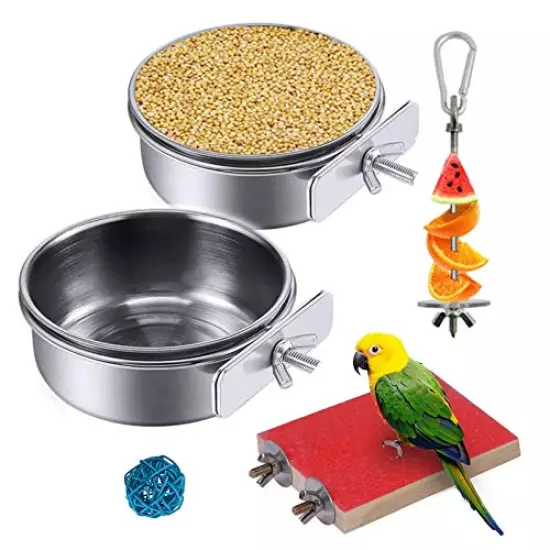 Hamiledyi Parrot Feeding Cups, 5PCS Birds Food Dish Stainless Steel Parakeet Food Water Bowls Dish Feeder Holder and Fruit Vegetable Holder Chew Ball for Lovebird Budgie