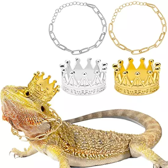 8 Pieces Lizard Crown Necklace Set Bearded Dragon Crown and Chain Gold and Silver Alloy Reptile Clothes Accessories Lizard Photo Props for Bearded Dragons Iguana Amphibians and Other Small Animals