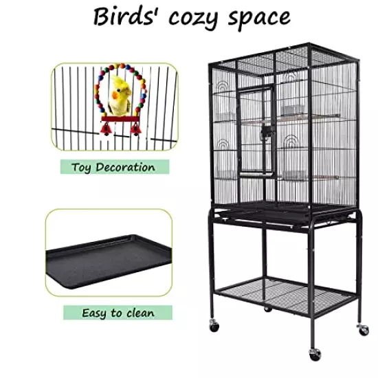 Large Bird Cage 53-inch Wrought Iron Large Bird Flight Cage with Rolling Stand & Bottom Tray for Lovebirds Finches African Grey Parrot Cockatiel Parrotlet Conures, Black Grey