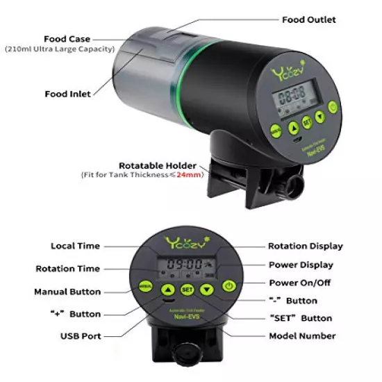 Ycozy Automatic Fish Feeder Rechargeable with USB Cable Moisture-Proof Intelligent Electric Fish/Turtle Feeder for Aquarium & Fish Tank Intelligent Timer Fish Food Dispenser | Navi-EVS