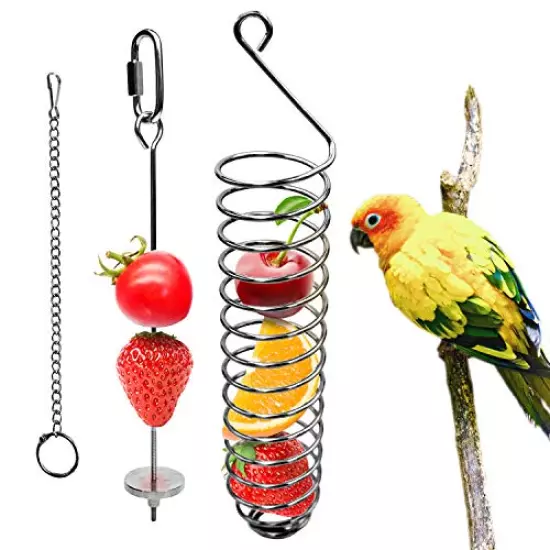 Bird Food Holder, Bird Feeder Toy, Bird Small Animal Fruit Vegetable Holder Stainless Steel Vegetable Skewer Foraging Hanging Food Feed Treating Tool for Parrots Cockatoo Cockatiel