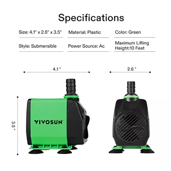 VIVOSUN 800GPH Submersible Pump(3000L/H, 24W), Ultra Quiet Water Pump with 10ft. High Lift, Fountain Pump with 6.5ft. Power Cord, 3 Nozzles for Fish Tank, Pond, Aquarium, Statuary, Hydroponics