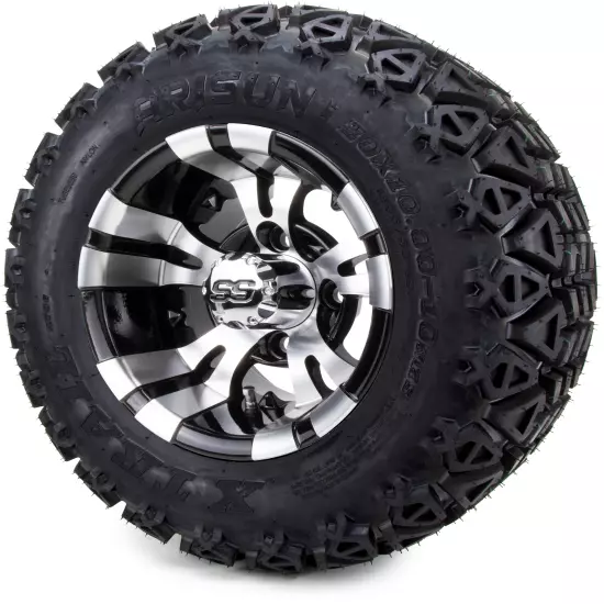 10" Vampire Machined Black Golf Cart Wheels and All Terrain Tires Combo Set of 4