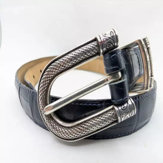 Vtg Brighton Silver On Genuine Black Leather Croc STYLE Belt B30023 Sz L 34"