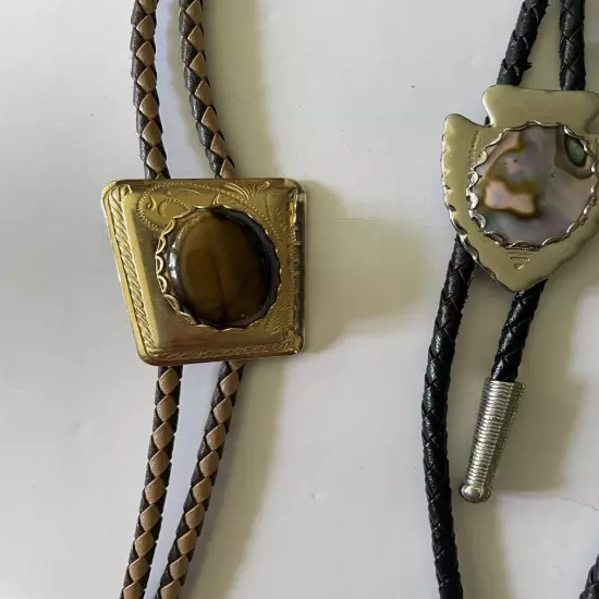 VINTAGE Bolo Tie Lot of 7 Leather Cord Arrowhead Turquoise Tigers Eye Chief