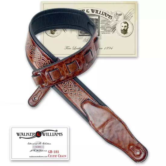 Walker & Williams GB-181 Bourbon Brown Celtic Chain Padded Guitar Strap