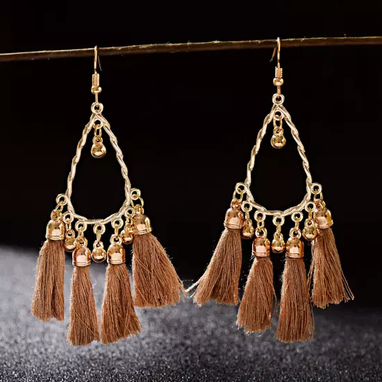 Fashion Women Bohemian Earrings Long Tassel Fringe Drop Dangle Ear Stud Jewelry