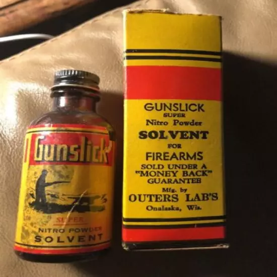 Vintage Outers gun Gunslick solvent glass bottle In Org Box.