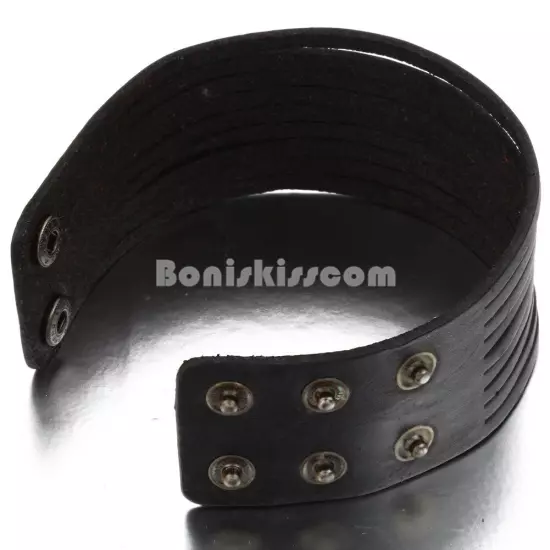 Mens Punk Rock Wide Black Leather Multi Layer Cuff Wristband Bracelet Adjustable