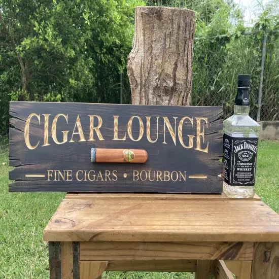 Cigar Lounge Whiskey Bar Bourbon Wood Sign Carved Rustic Tavern Antique Look