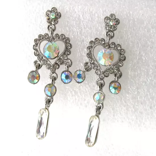 Vintage Irridescent Rhinestone Silvertone Heart Earrings Long Dangle Pierced Ear