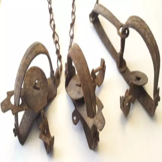 3 Antique Victor Animal Traps-Steel w Chain