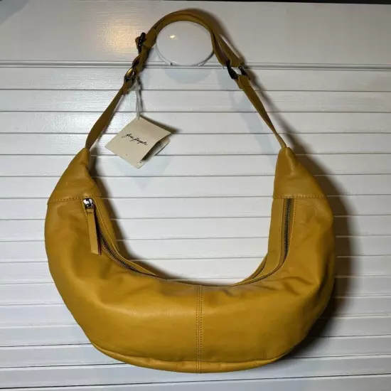 Free People Idle Hands Handmade Leather Crescent Sling Bag Yellow Gold NWT $98