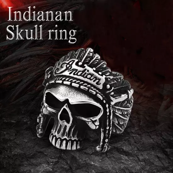 Chief Skull Indian Feather Skull Ring Stainless Steel Men's Biker Ring Size 8-13