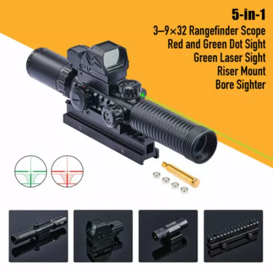 3-9x32 Rifle Scope for Picatinny w Weaver Rails Red Dot Green Laser Riser Mount