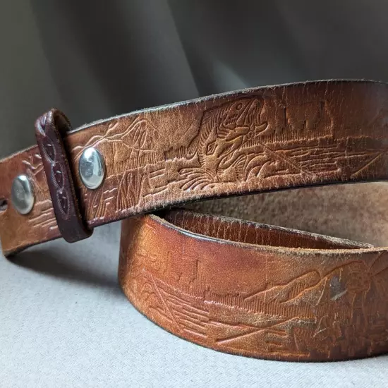 vintage HAND TOOLED buckle belt 42 leather FISHING full grain WESTERN cowhide