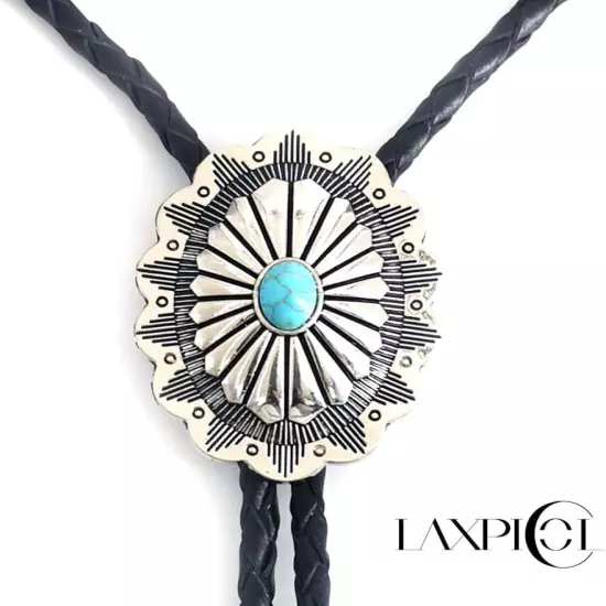 Vintage Turquoise Stone Bolo Tie for Men Western Cowboy Oval Cool Retro Bola Tie