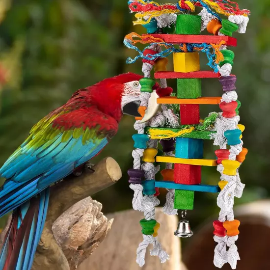 Large Bird Toys - Natural Wooden Parrot Chewing Toys with Edible Colored Blocks 