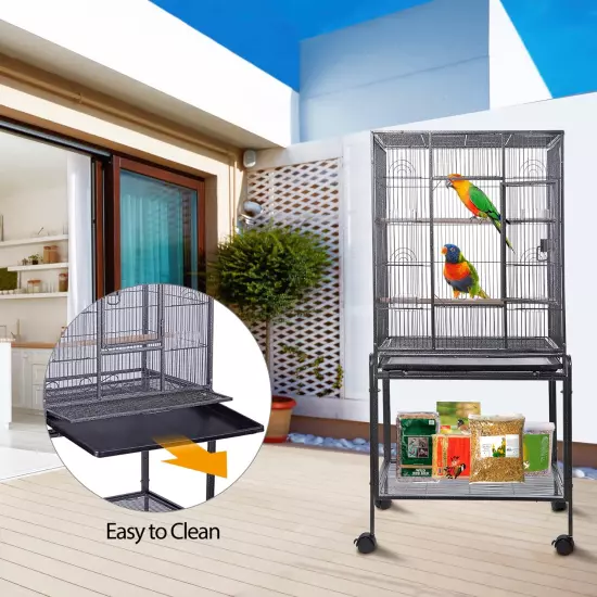 53" Wrought Iron Large Bird Flight Cage Rolling Stand African Grey Parrot Conure