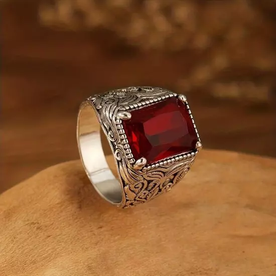 Red Zircon Men's Ring Retro Style Silver Color Pattern Wedding Band Jewelry Gift