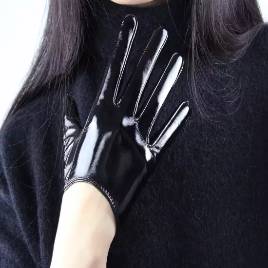 LATEX GLOVES Shine Leather Faux Patent Vegan PU 8" 21cm Short Basic Shine Black