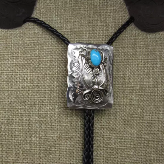 Navajo Sterling Silver Turquoise & Floral Design Work Bolo Tie By Mike Thomas Jr