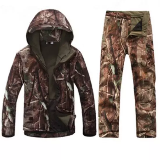 Men Hooded Coat Long Sleeve Jacket Pants Outdoor Hunting Camouflage Waterproof